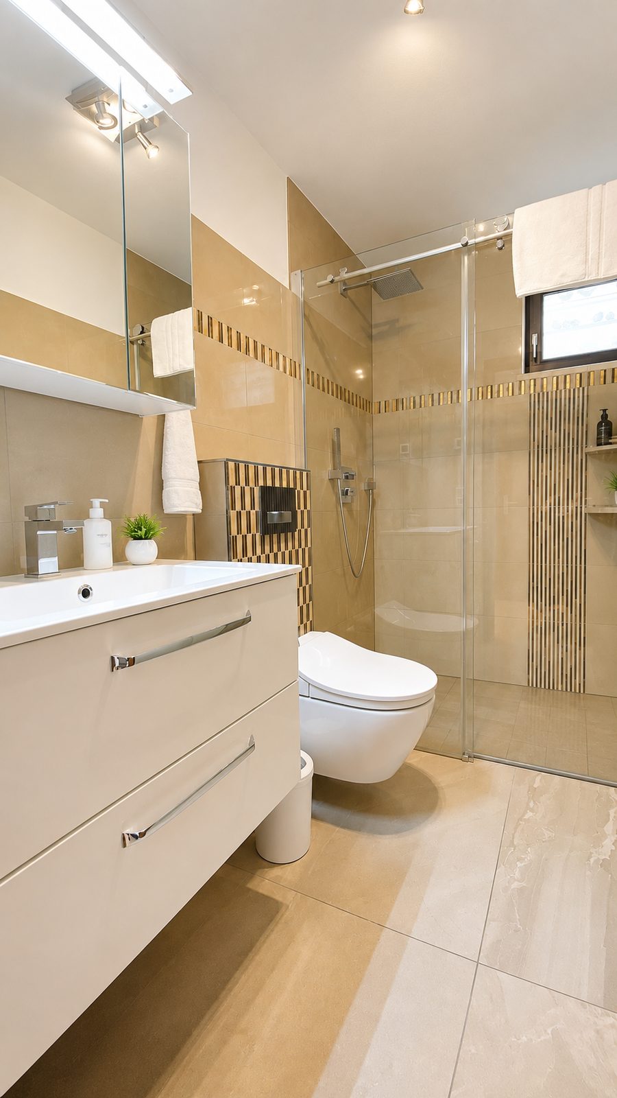 Helles modernes Bad in Hochformat mit Waschtisch mit Schubladen, Wand-WC, grosser ebenerdiger Glasdusche und dekorativer Pflanze