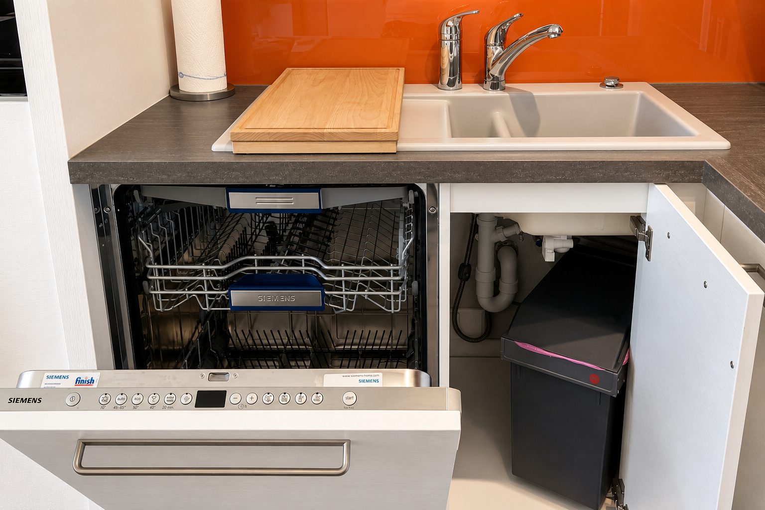 Spuelbereich der Kueche mit geoeffnetem Geschirrspueler, Spuele mit Armatur, Holz-Schneidebrett und Muelltrennsystem im Unterschrank