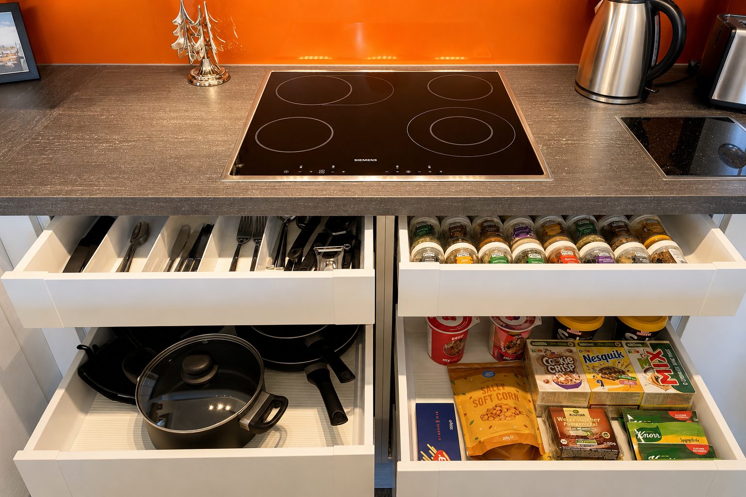 Induktionskochfeld mit zwei geoeffneten Schubladen darunter, gefuellt mit Besteck, Pfannen, Gewuerzen und Vorraeten, daneben ein Wasserkocher