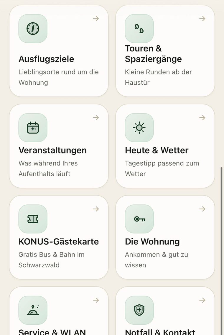 Kachelübersicht der digitalen Gästemappe mit Ausflugszielen, Touren, Veranstaltungen und Wetter