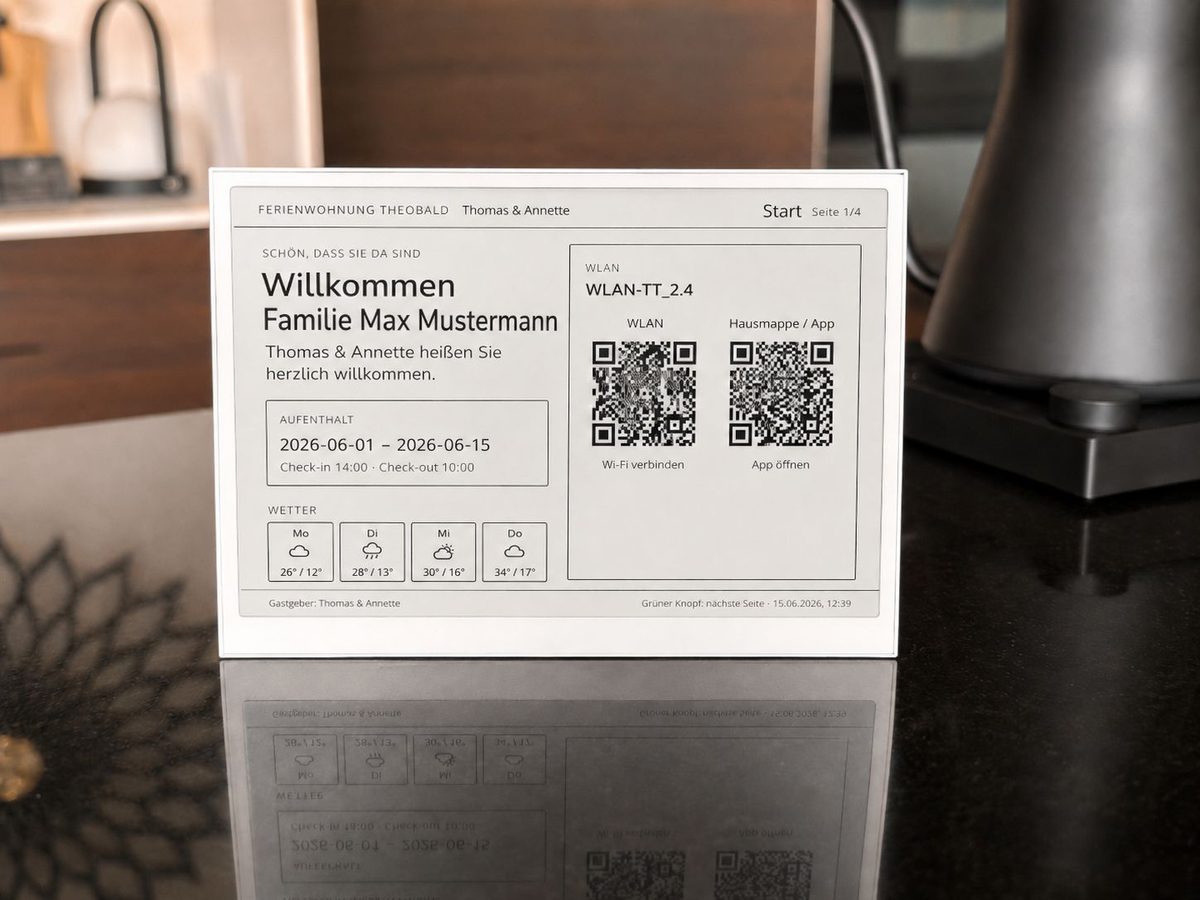 Info-Display der Ferienwohnung mit Musteransicht zu Aufenthalt, Wetter, WLAN und Gästemappe